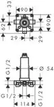 Schematische Darstellung eines hansgrohe Grundkörpers für eine Kopfbrause mit Querschnittansicht, einschließlich Maßangaben und Anschlussdetails.